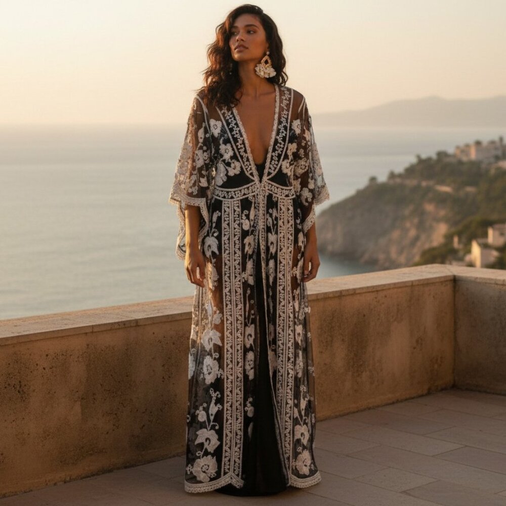 ASHA Gypsy Boho Embroidered Duster L M S Robe Maxi Dress Swim Cover Up Kimono - Picture 14 of 14